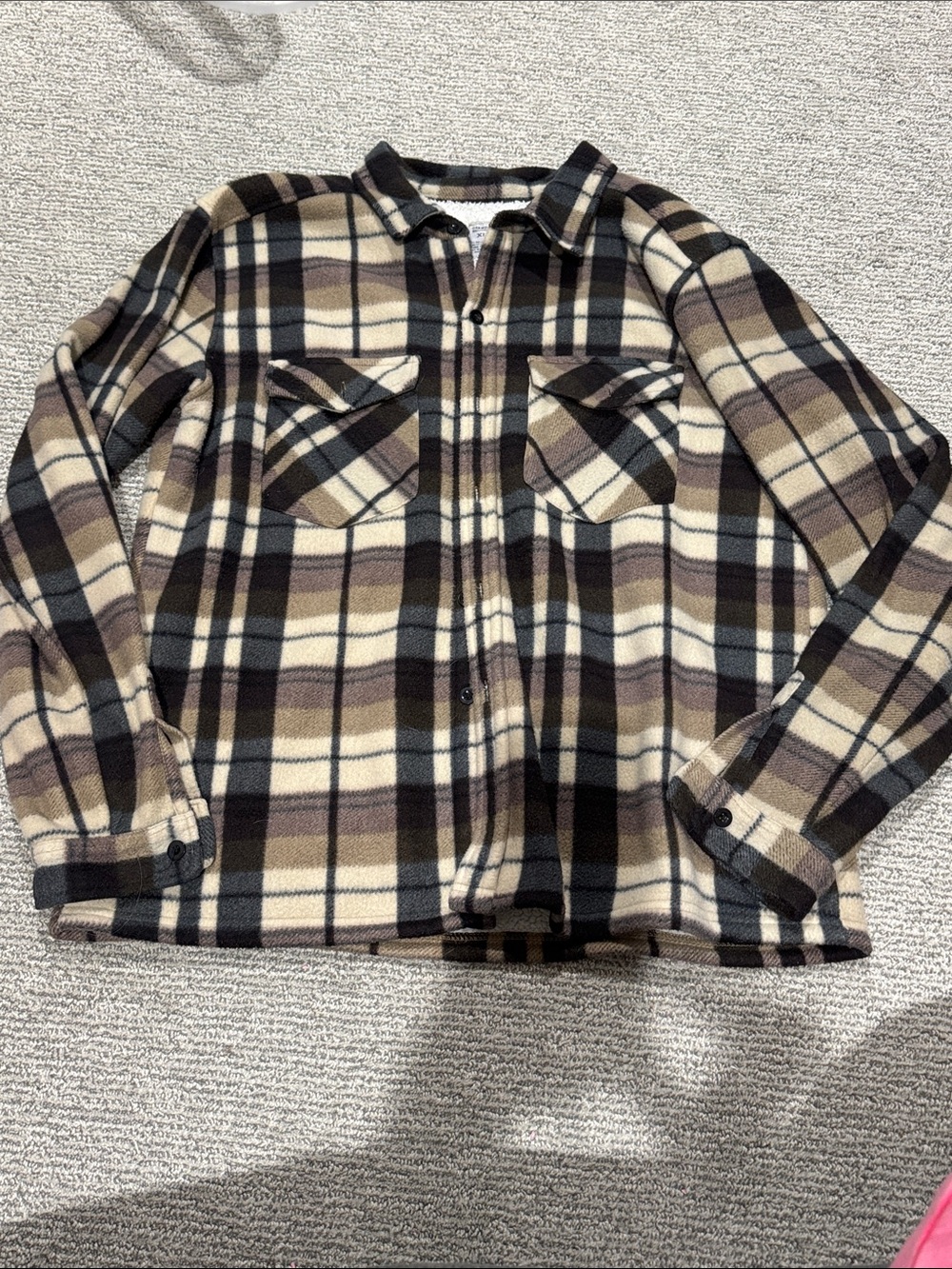 Men's Casual Plaid Button-Down Shirt Jacket in Cream and Brown